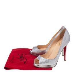 Pre Owned Christian Louboutin Silver Glitter Lady Peep Toe Platform Pumps Size 37.5