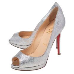 Pre Owned Christian Louboutin Silver Glitter Lady Peep Toe Platform Pumps Size 37.5