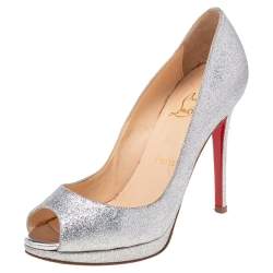 Pre Owned Christian Louboutin Silver Glitter Lady Peep Toe Platform Pumps Size 37.5