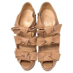 Pre Owned Christian Louboutin Beige Leather Knotted Bow Peep Toe Pumps Size 39.5