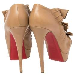 Pre Owned Christian Louboutin Beige Leather Knotted Bow Peep Toe Pumps Size 39.5
