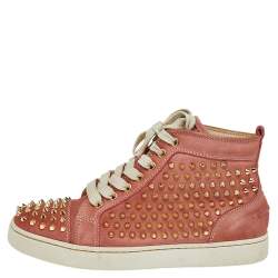 Christian Louboutin Peach Nubuck Spike Embellished Louis Orlato Mid Top Sneakers Size 38
