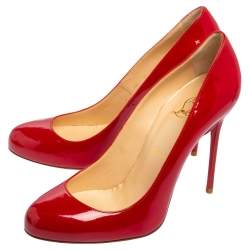 Pre Owned Christian Louboutin Red Patent Leather Simple Pumps 38.5
