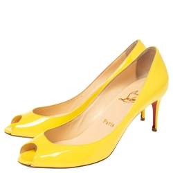 Pre Owned Christian Louboutin Yellow Patent Leather Peep Toe Pumps 36.5