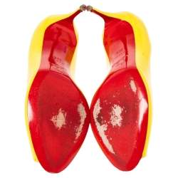 Pre Owned Christian Louboutin Yellow Patent Leather Peep Toe Pumps 36.5