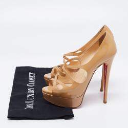 Pre Owned Christian Louboutin Beige Patent Leather Mademoi Crisscross Peep Toe Pumps Size 36.5