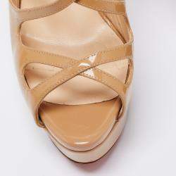Pre Owned Christian Louboutin Beige Patent Leather Mademoi Crisscross Peep Toe Pumps Size 36.5