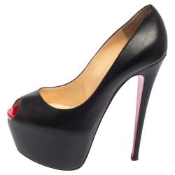 Pre Owned Christian Louboutin Black Leather Highness Peep Toe Platform Pumps Size 37