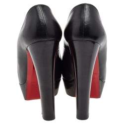 Pre Owned Christian Louboutin Black Leather Bibi Platform Block Heel Pumps Size 37.5
