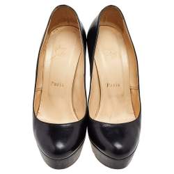 Pre Owned Christian Louboutin Black Leather Bibi Platform Block Heel Pumps Size 37.5