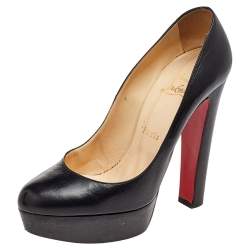 Pre Owned Christian Louboutin Black Leather Bibi Platform Block Heel Pumps Size 37.5