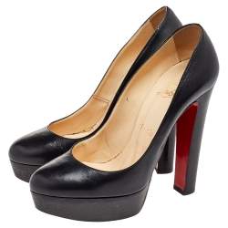 Pre Owned Christian Louboutin Black Leather Bibi Platform Block Heel Pumps Size 37.5