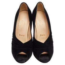 Pre Owned Christian Louboutin Black Suede Ruched Detail Drapadita Peep Toe Pumps Size 37.5