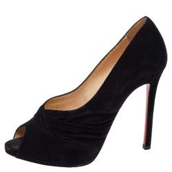 Pre Owned Christian Louboutin Black Suede Ruched Detail Drapadita Peep Toe Pumps Size 37.5