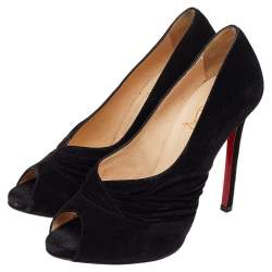 Pre Owned Christian Louboutin Black Suede Ruched Detail Drapadita Peep Toe Pumps Size 37.5
