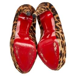 Pre Owned Christian Louboutin Brown Leopard Print Calf Hair Highness Peep Toe Platform Pumps Size 38