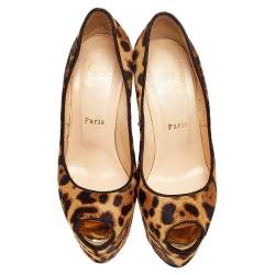 Pre Owned Christian Louboutin Brown Leopard Print Calf Hair Highness Peep Toe Platform Pumps Size 38