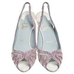 Pre Owned صندل كريستيان لوبوتان سبينا ساتان وردي/أبيض ستراس حزام للكاحل مقاس 35.5