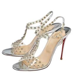 Pre Owned Christian Louboutin Silver PVC and Leather J-Lissimo T Strap Sandals Size 40