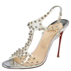 Pre Owned Christian Louboutin Silver PVC and Leather J-Lissimo T Strap Sandals Size 40