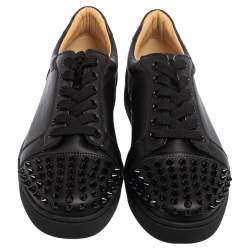 Pre Owned Christian Louboutin Black Leather Louis Junior Spikes Low Top Sneakers Size 38