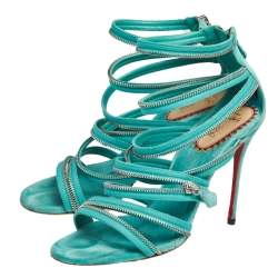 Pre Owned Christian Louboutin Aqua Green Fabric And Leather Unzip Sandals Size 41