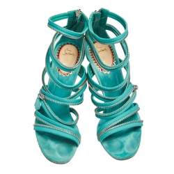 Pre Owned Christian Louboutin Aqua Green Fabric And Leather Unzip Sandals Size 41
