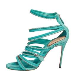 Pre Owned Christian Louboutin Aqua Green Fabric And Leather Unzip Sandals Size 41