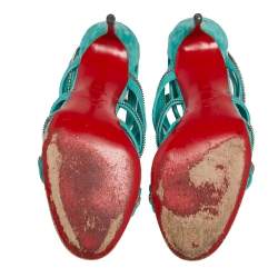 Pre Owned Christian Louboutin Aqua Green Fabric And Leather Unzip Sandals Size 41