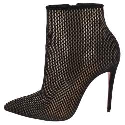 Pre Owned Christian Louboutin Black Suede And Mesh Zipper Detail Ankle Boots Size 37