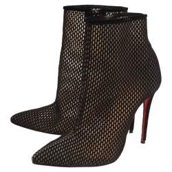 Pre Owned Christian Louboutin Black Suede And Mesh Zipper Detail Ankle Boots Size 37