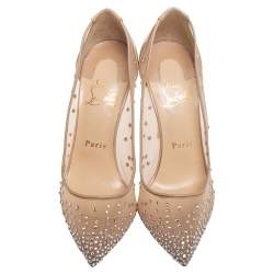 Pre Owned Christian Louboutin Beige Mesh And Patent Leather Follies Strass Pumps Size 36.5