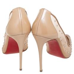 Pre Owned Christian Louboutin Beige Mesh And Patent Leather Follies Strass Pumps Size 36.5