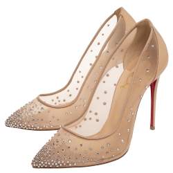 Pre Owned Christian Louboutin Beige Mesh And Patent Leather Follies Strass Pumps Size 36.5