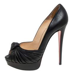 Pre Owned Christian Louboutin Black Leather Jenny Knot Peep Toe Platform Pumps Size 41