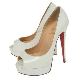 Christian Louboutin White Patent Leather Lady Peep Platform Pumps Size 35