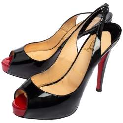 Pre Owned Christian Louboutin Black Patent Leather New Prive Peep Toe Slingback Sandals Size 37.5