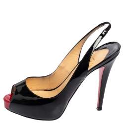 Pre Owned Christian Louboutin Black Patent Leather New Prive Peep Toe Slingback Sandals Size 37.5