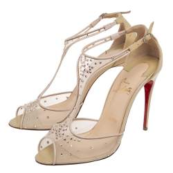 Pre Owned Christian Louboutin Beige Mesh And Patent Leather Patinana T-Strap Peep Toe Sandals Size 39.5