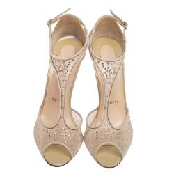 Pre Owned Christian Louboutin Beige Mesh And Patent Leather Patinana T-Strap Peep Toe Sandals Size 39.5