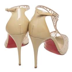 Pre Owned Christian Louboutin Beige Mesh And Patent Leather Patinana T-Strap Peep Toe Sandals Size 39.5