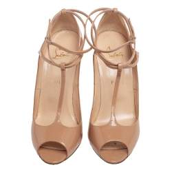 Pre Owned Christian Louboutin Beige Patent Leather Talitha Peep Toe Pumps Size 40