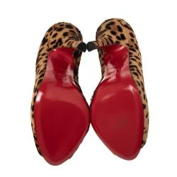 Pre Owned Christian Louboutin Beige/Brown Leopard Print Calfhair Maryl Peep Toe Pumps Size 38