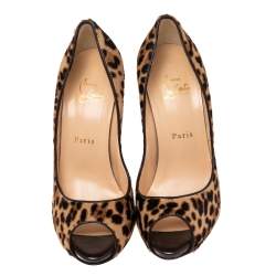 Pre Owned Christian Louboutin Beige/Brown Leopard Print Calfhair Maryl Peep Toe Pumps Size 38