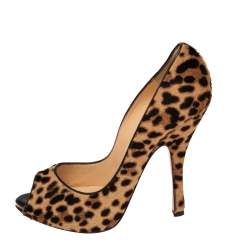 Pre Owned Christian Louboutin Beige/Brown Leopard Print Calfhair Maryl Peep Toe Pumps Size 38