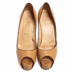 Christian Louboutin Beige Leather New Very Prive Peep Toe Platform Pumps Size 38.5