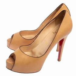 Christian Louboutin Beige Leather New Very Prive Peep Toe Platform Pumps Size 38.5