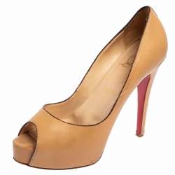 Christian Louboutin Beige Leather New Very Prive Peep Toe Platform Pumps Size 38.5