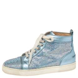 Christian Louboutin Light Blue Leather Crystals Embellished Louis Orlato High Top Sneakers Size 38