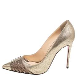 Christian Louboutin Gold Textured Leather Spike Bareta Pumps Size 36